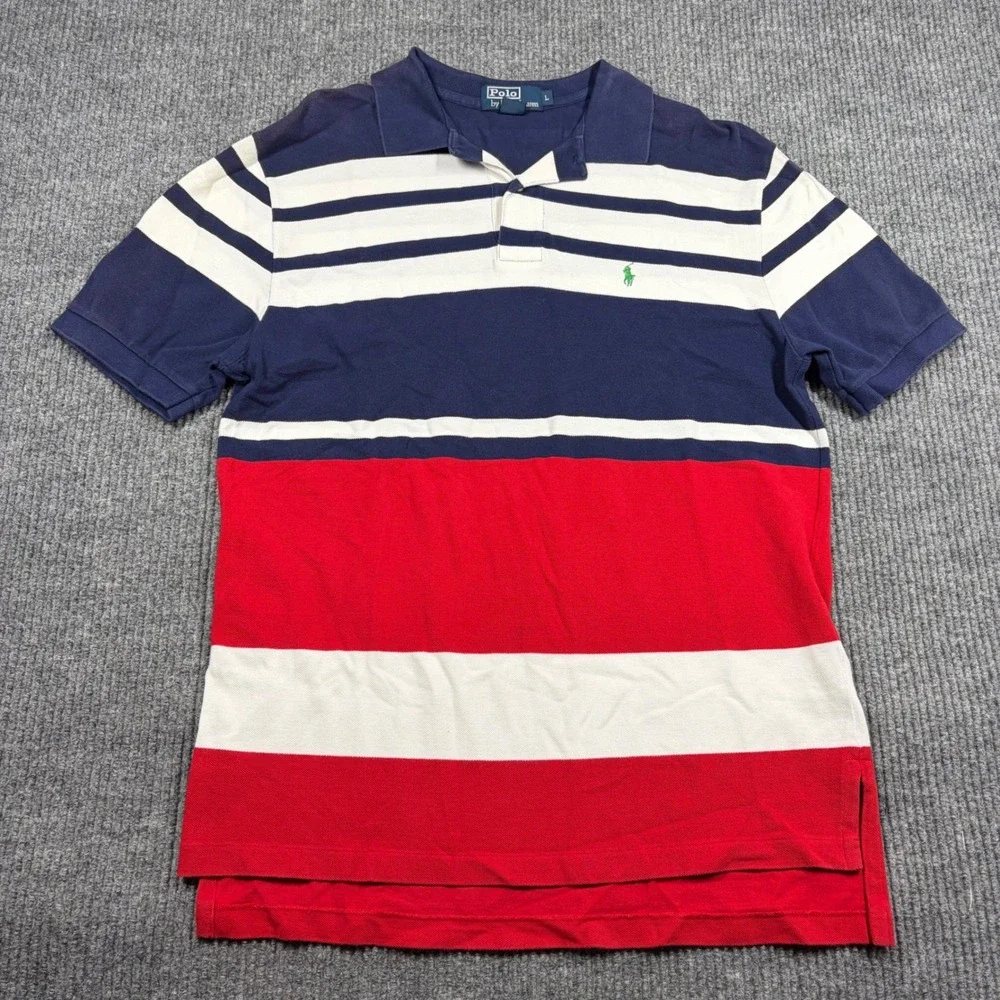 Polo Ralph Lauren Shirt Mens L Blue Red White Striped Short Sleeve Polo